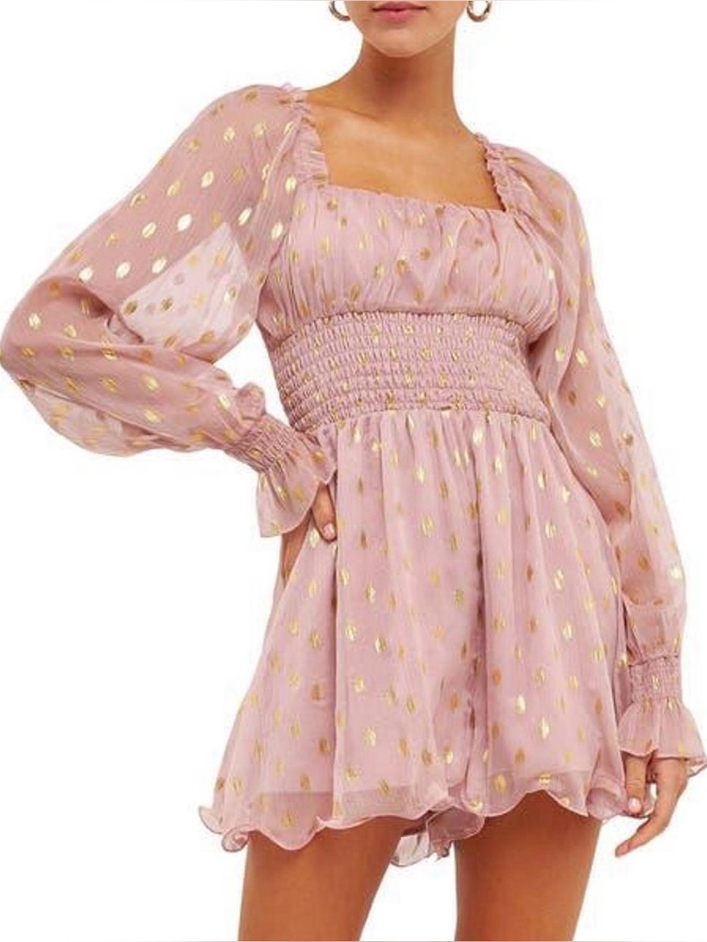 Endless Rose Pink Gold Foil Dot Romper Square Neck Smocked Balloon Sleeve Boho S